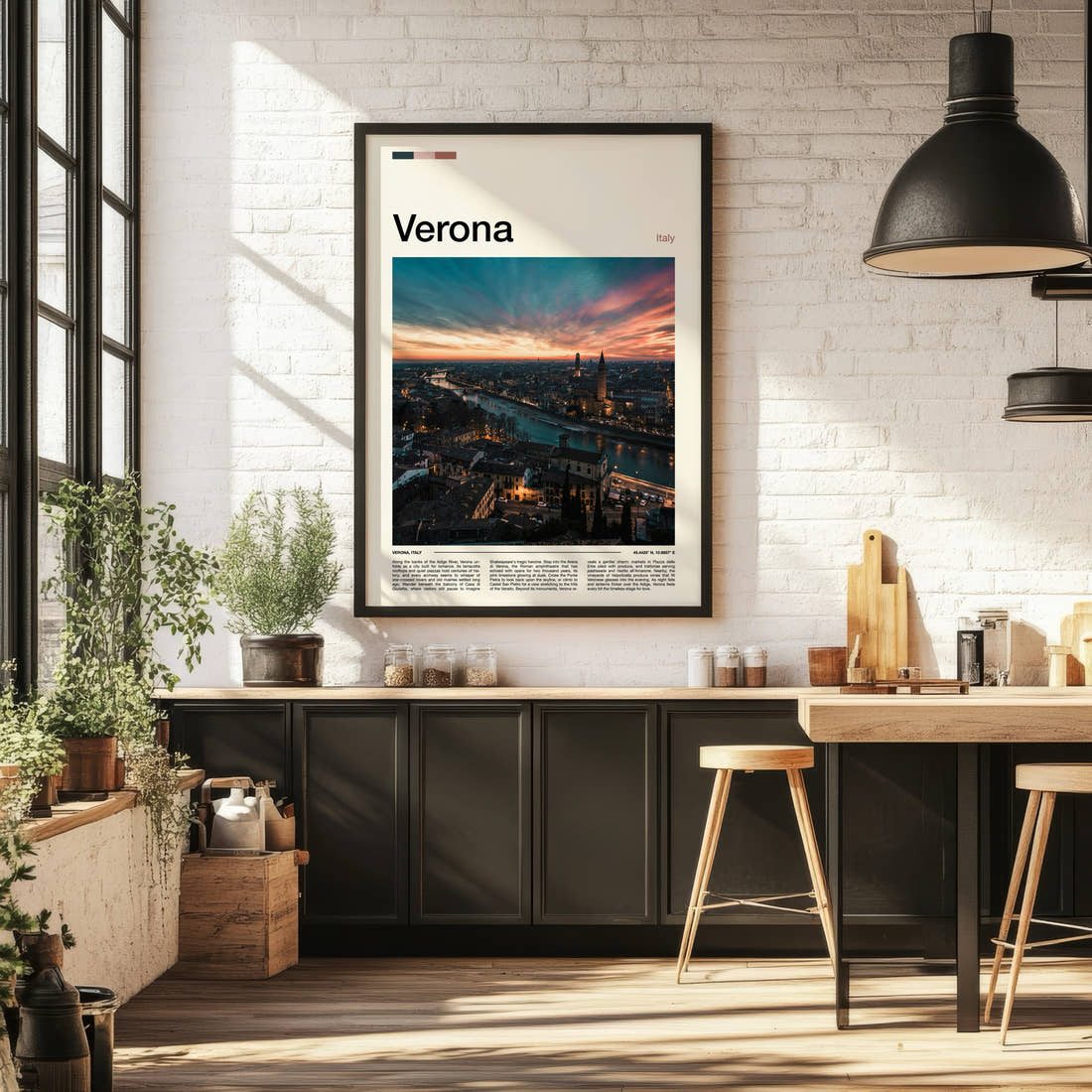 Verona Riverside Skyline Sunset Travel Print framed on the wall of a bright kitchen and dining space