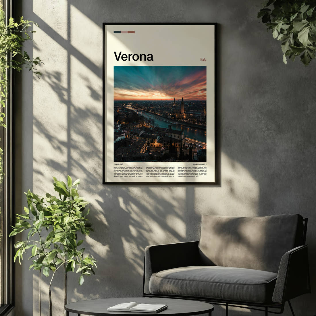 Verona Riverside Skyline Sunset Travel Print framed on the wall of a relaxed living room