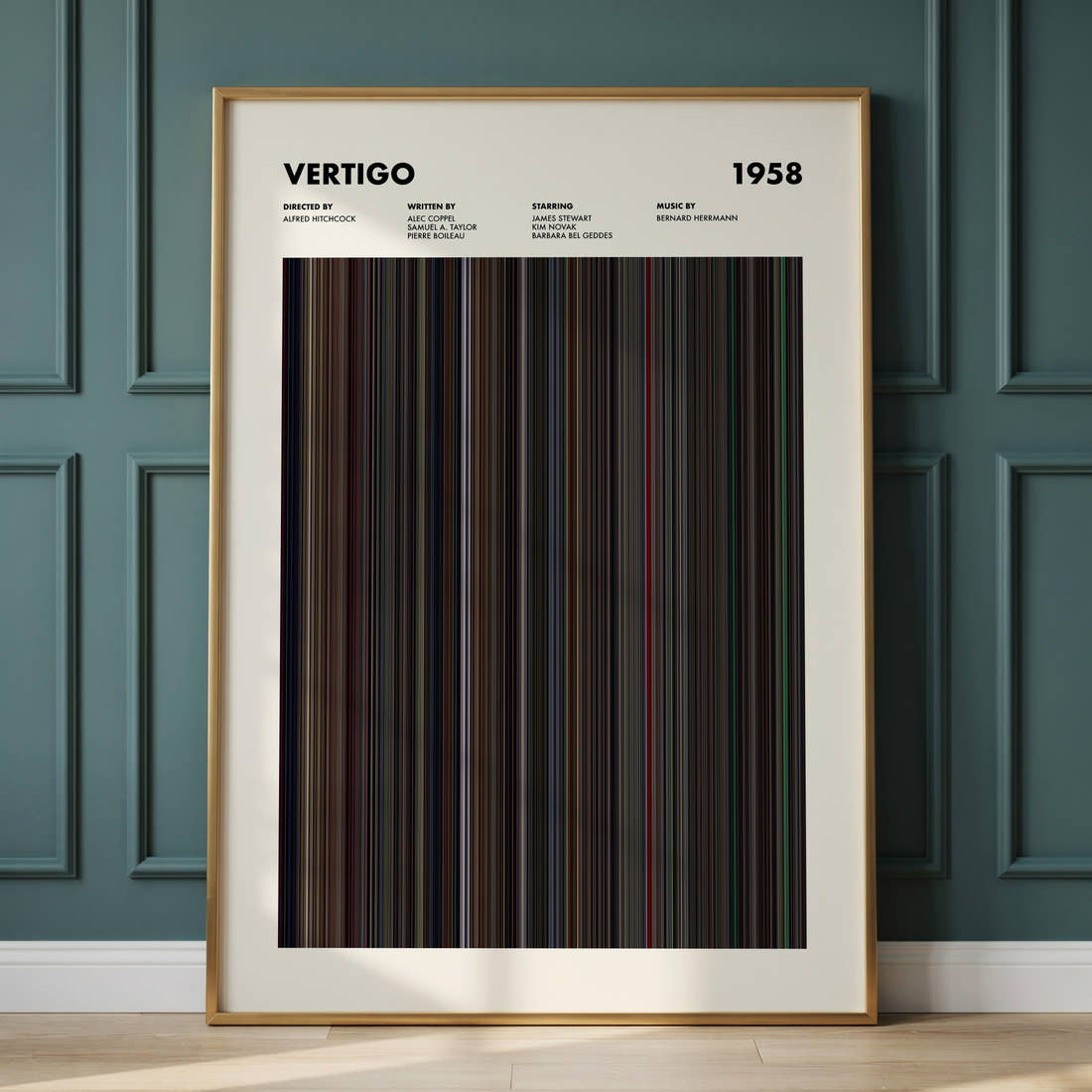 Vertigo Movie Barcode Poster framed and leaning against a panelled wall