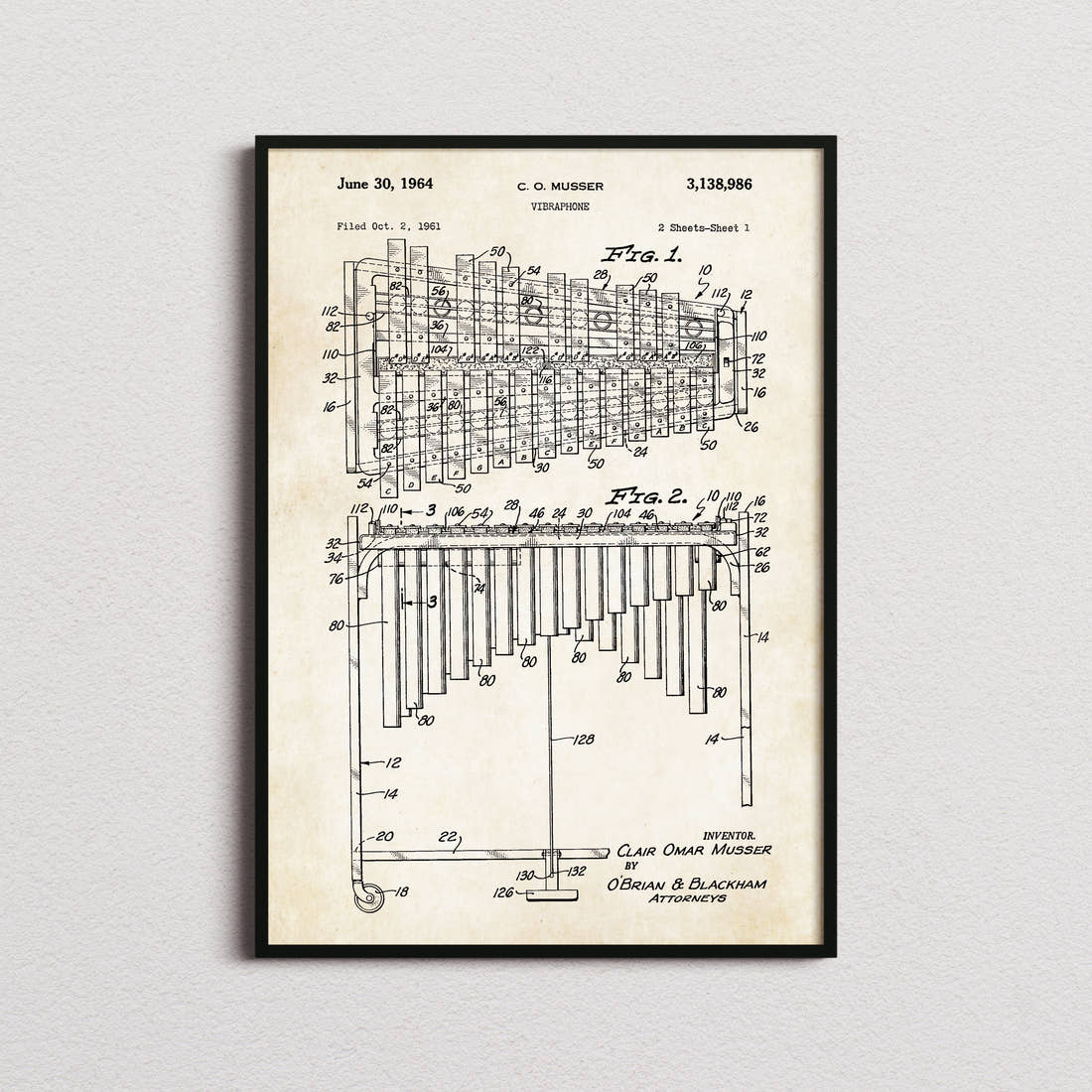 Vibraphone Patent Print in the aged paper colourway, framed