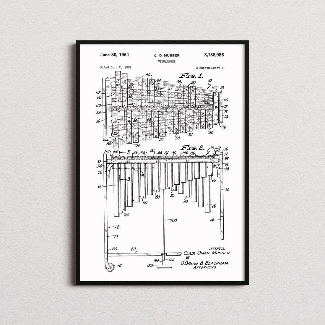Vibraphone Patent Print in the white colourway, framed