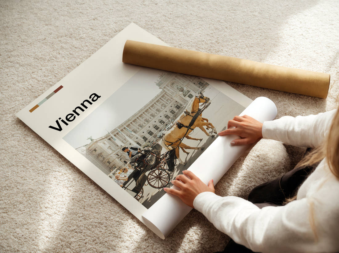Vienna Horse Drawn Carriage Travel Print being unrolled from its postal tube