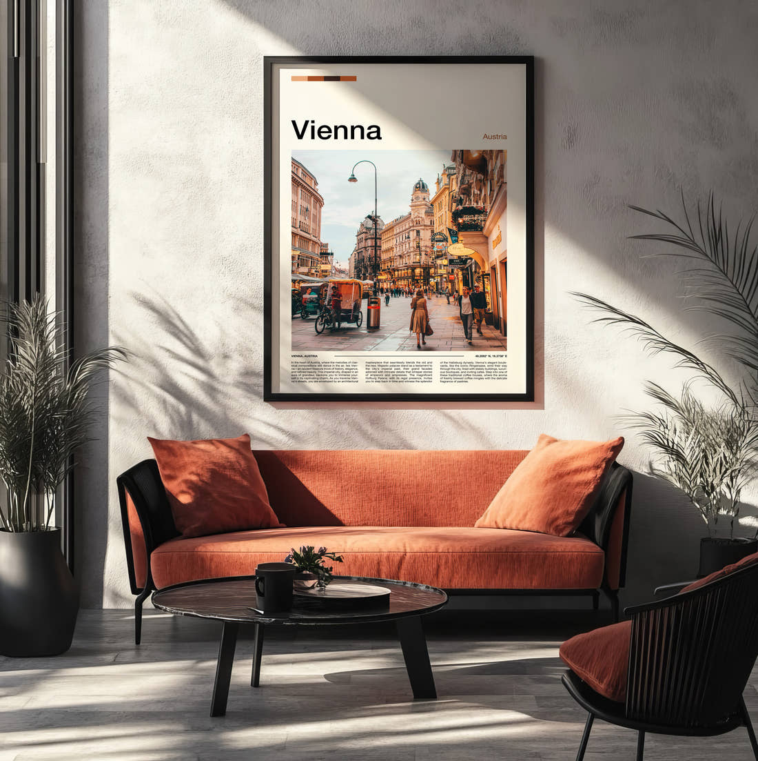 Vienna Pedestrian Shopping Street Travel Print framed on the wall of a modern living room