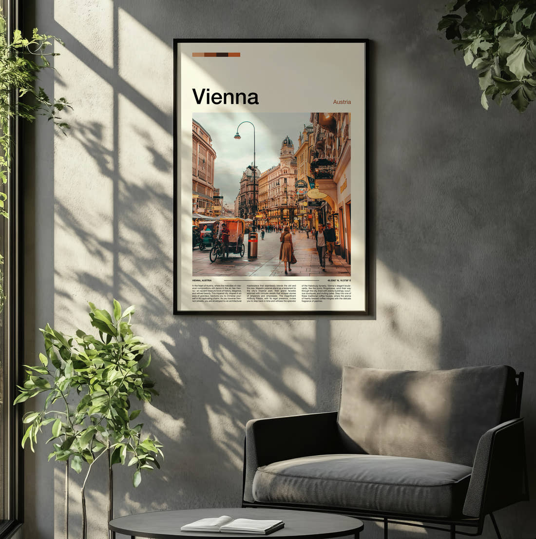 Vienna Pedestrian Shopping Street Travel Print framed on the wall of a relaxed living room