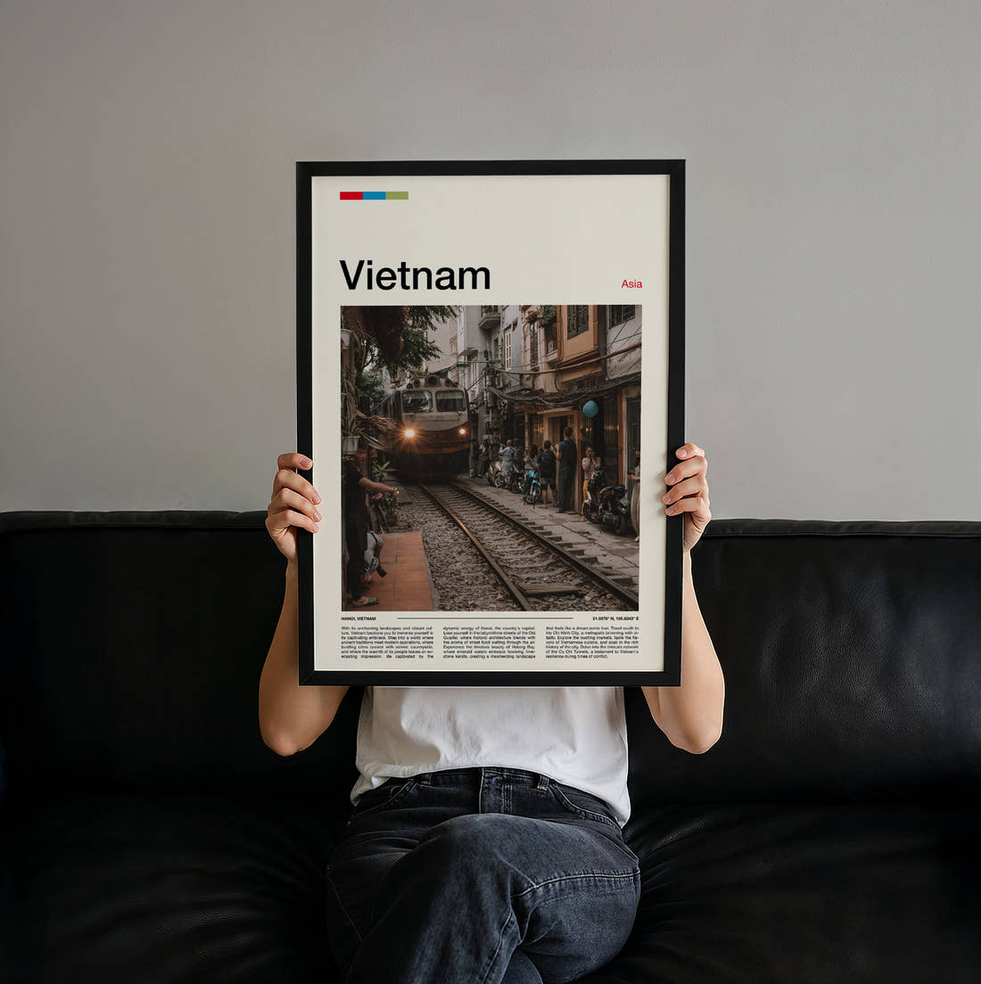 Vietnam Train Street Travel Print held up by hand to show the size of the print