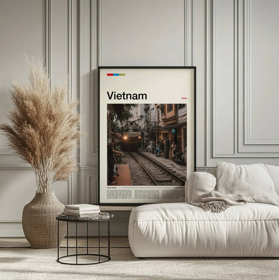 Vietnam Train Street Travel Print framed on the wall of a calm, neutral bedroom