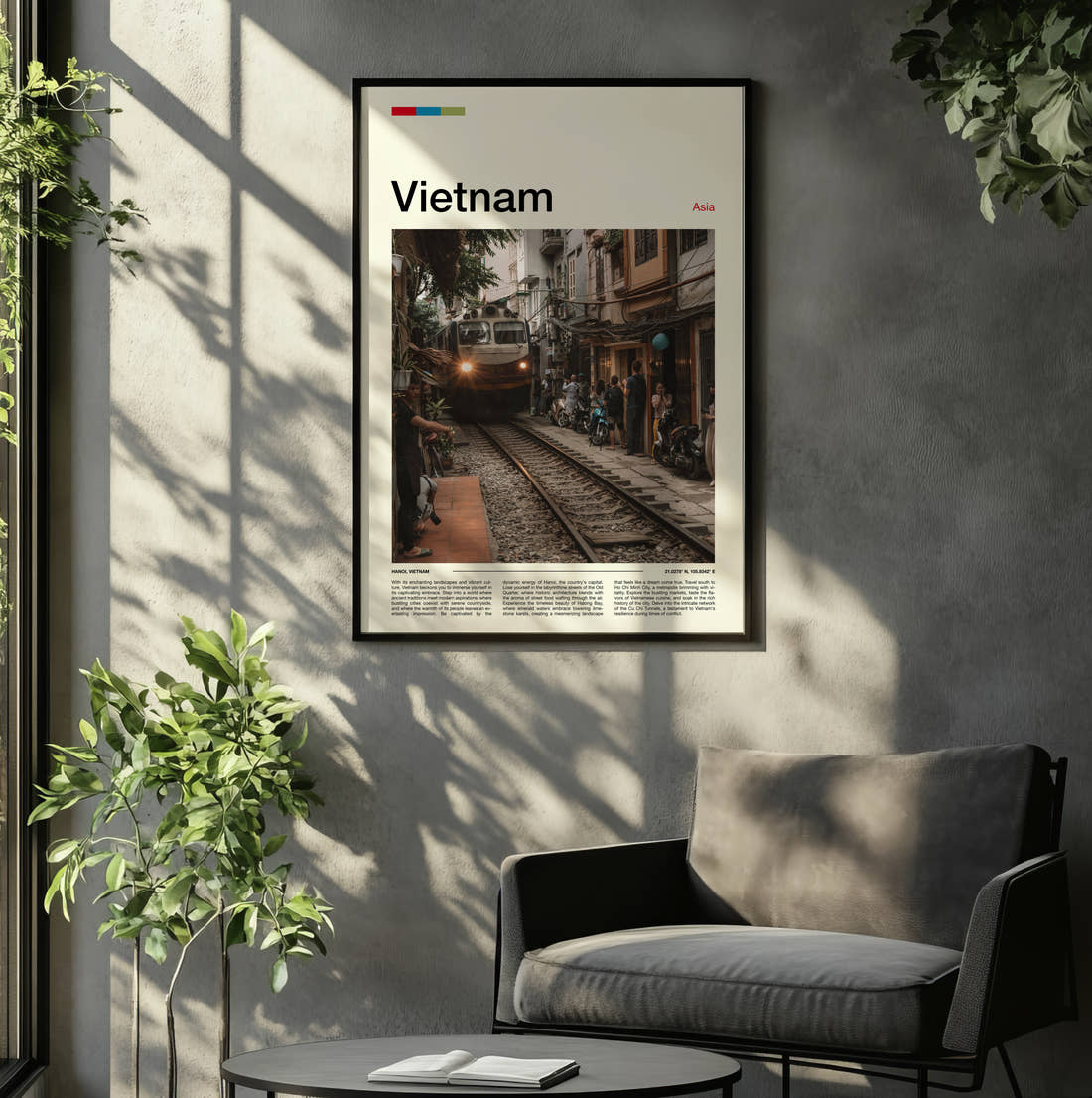 Vietnam Train Street Travel Print framed on the wall of a relaxed living room