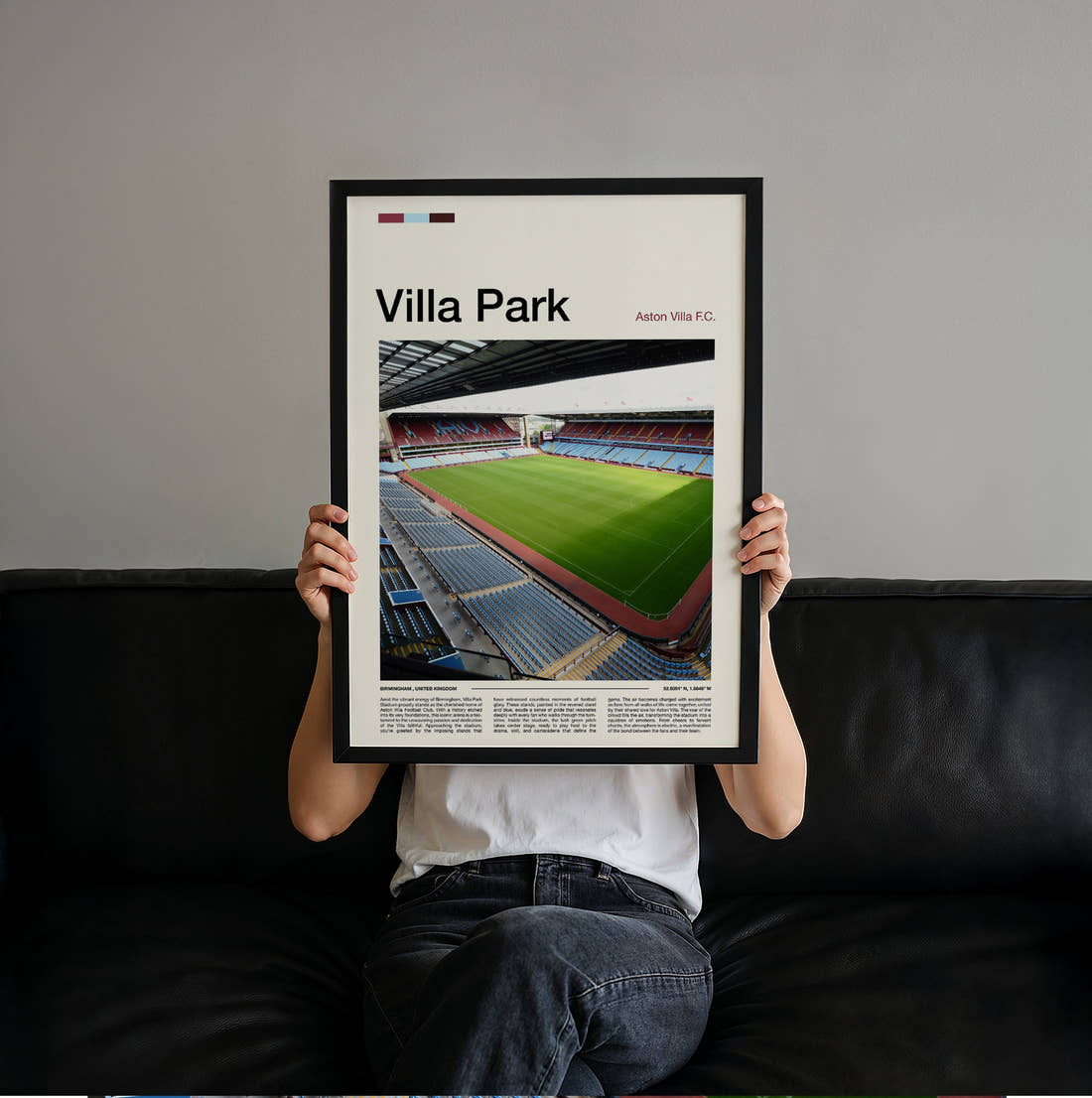 Villa Park Stadium Print held up by hand to show the size of the print