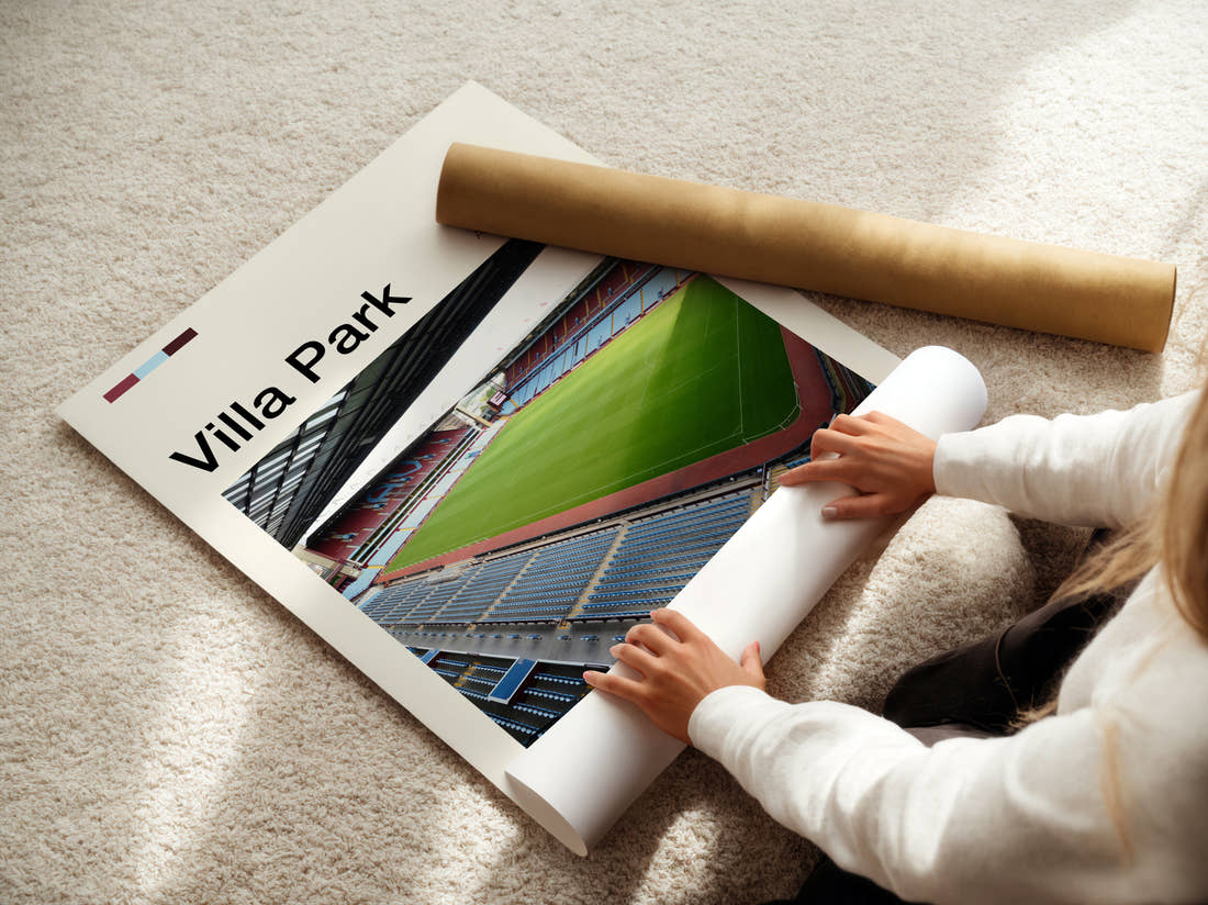 Villa Park Stadium Print being unrolled from its postal tube