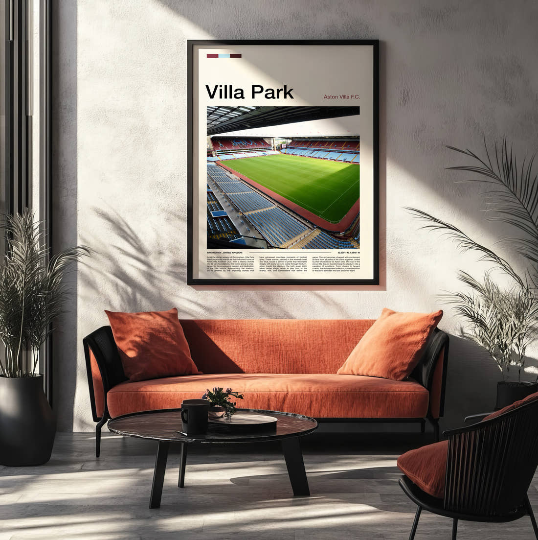 Villa Park Stadium Print framed on the wall of a modern living room