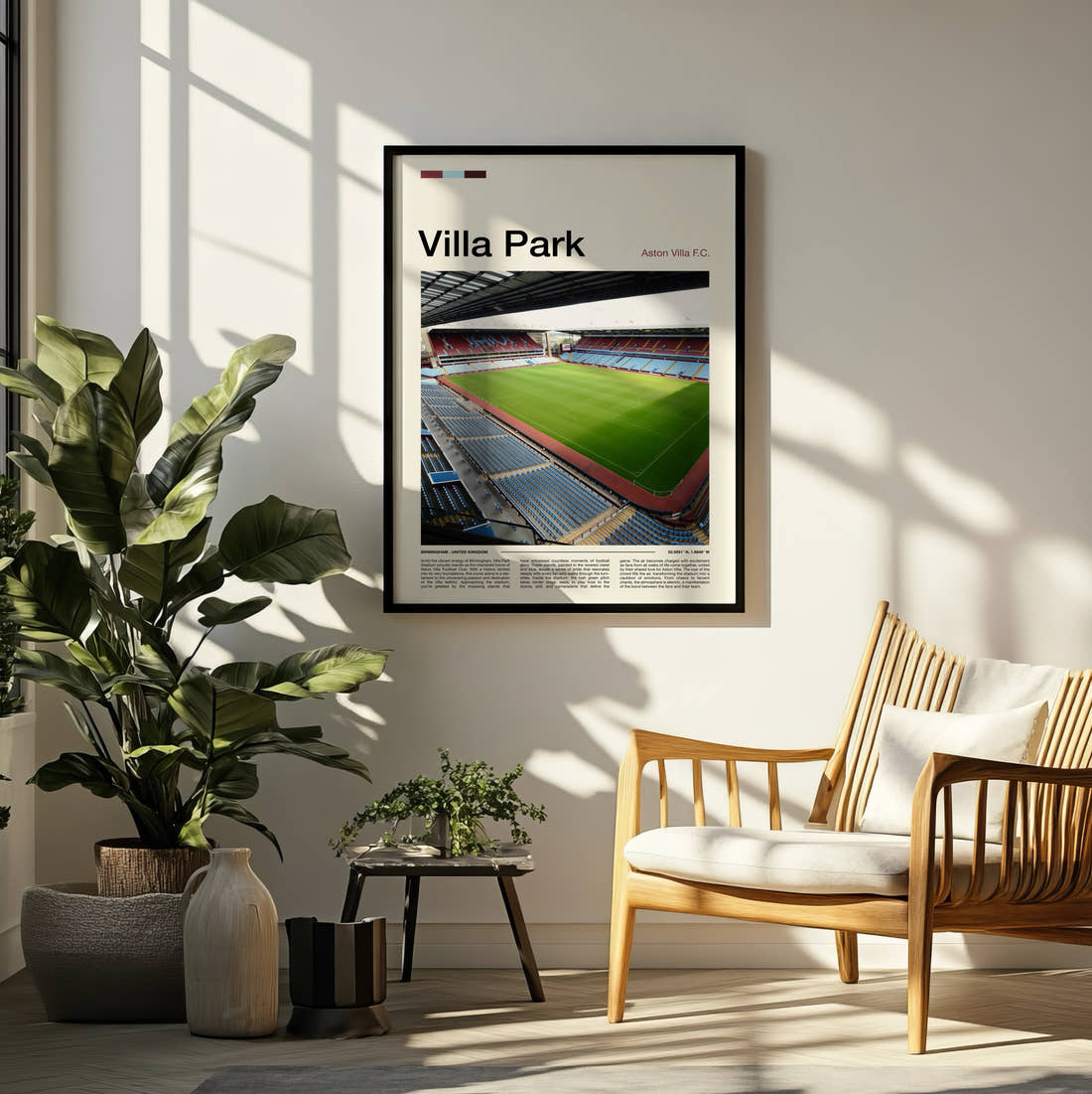 Villa Park Stadium Print framed on a pale wall beside houseplants