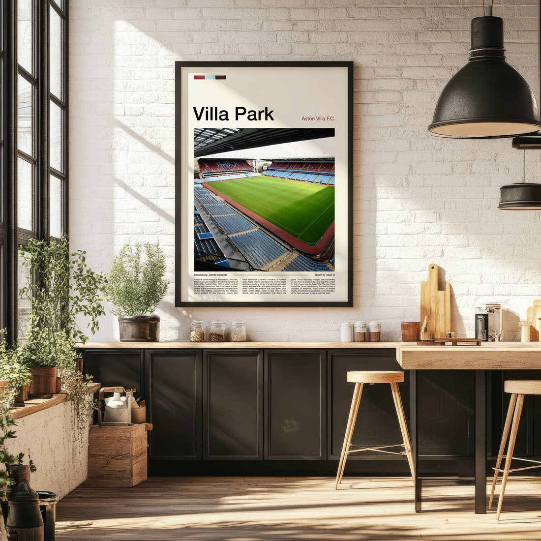 Villa Park Stadium Print framed on the wall of a bright kitchen and dining space