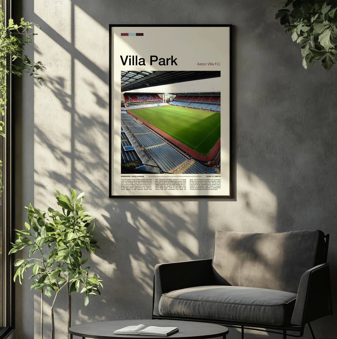Villa Park Stadium Print framed on the wall of a relaxed living room