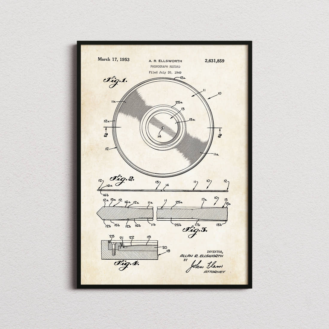 Vinyl Record Patent Print in the aged paper colourway, framed