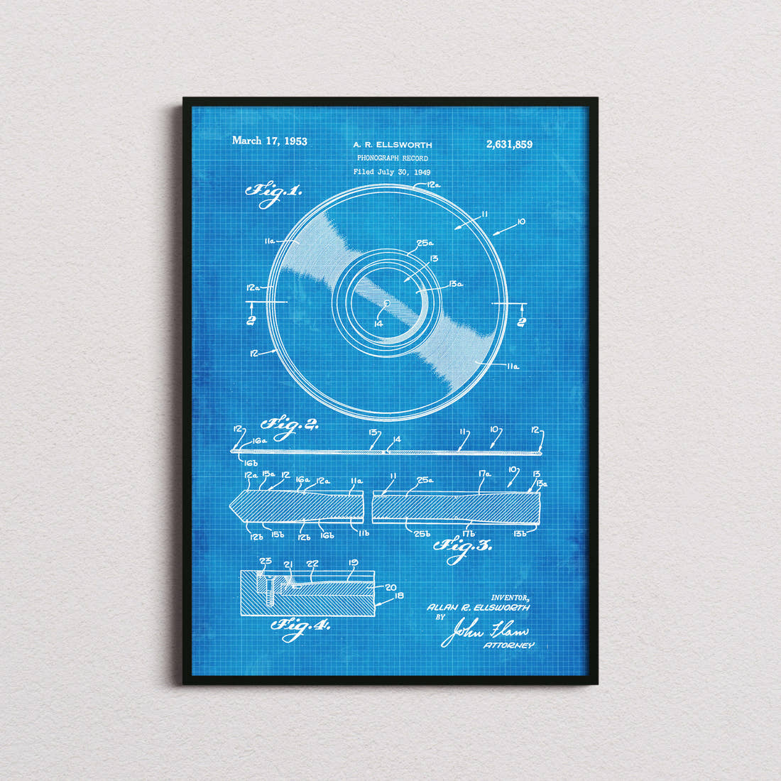 Vinyl Record Patent Print in the blueprint colourway, framed