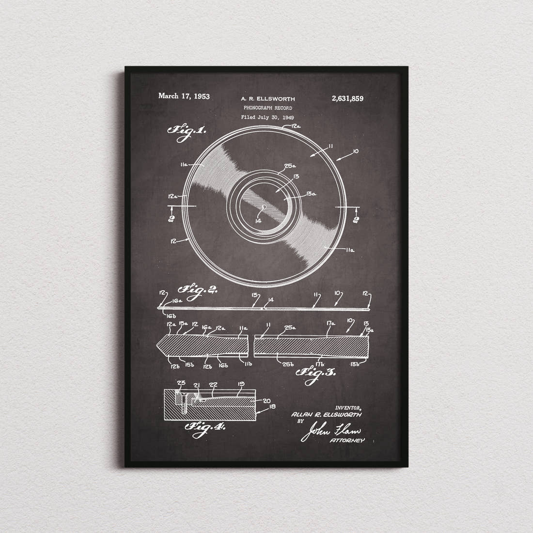 Vinyl Record Patent Print in the blackboard colourway, framed