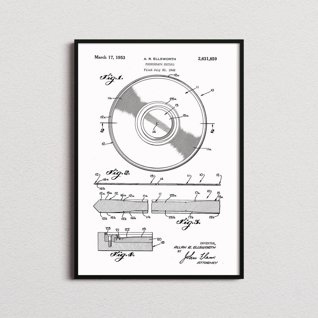 Vinyl Record Patent Print in the white colourway, framed