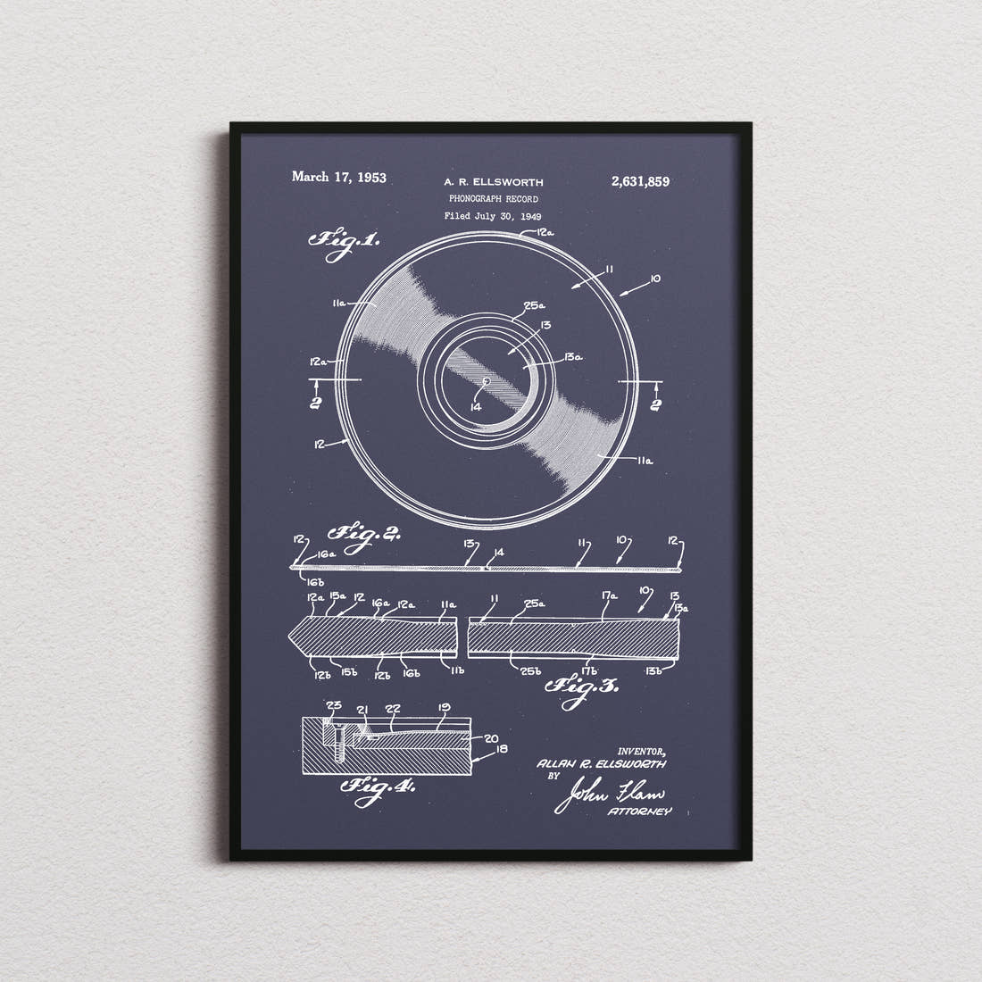Vinyl Record Patent Print in the navy colourway, framed