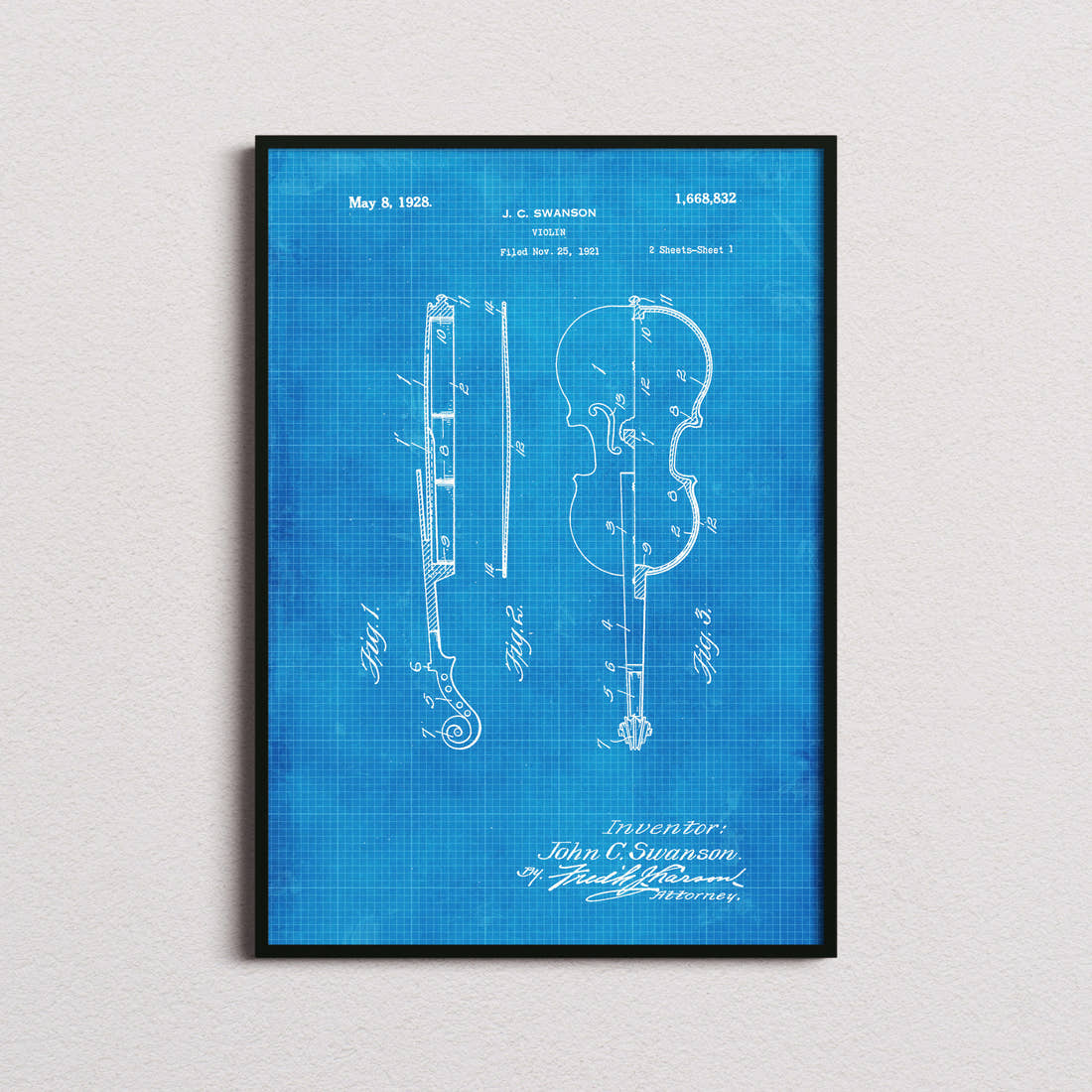 Violin Patent Print in the blueprint colourway, framed
