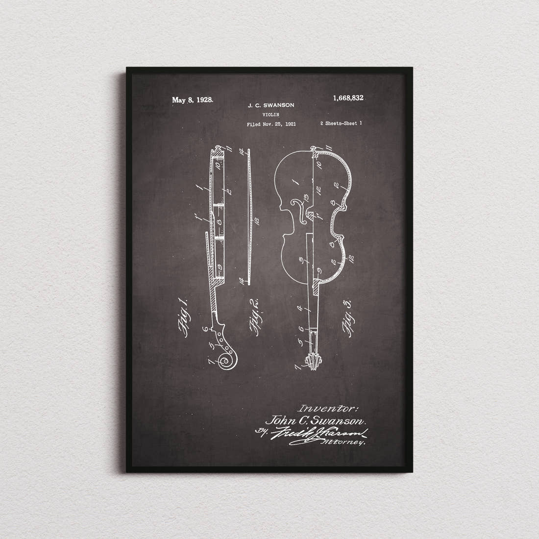 Violin Patent Print in the blackboard colourway, framed