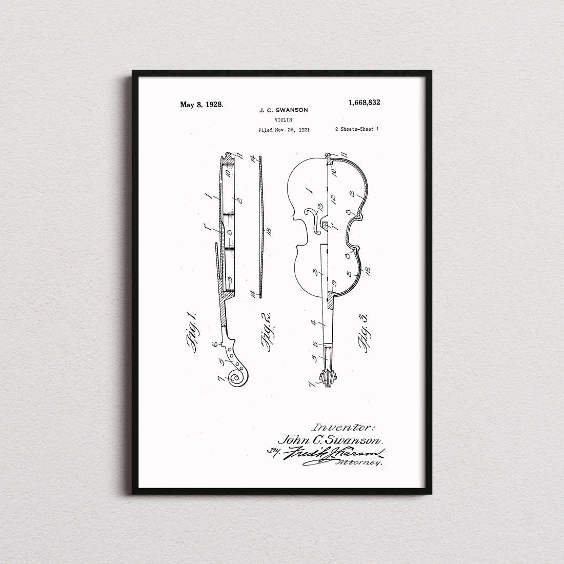 Violin Patent Print in the white colourway, framed