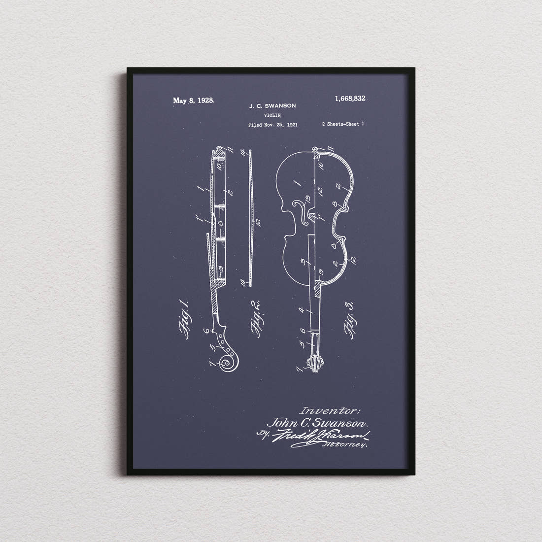 Violin Patent Print in the navy colourway, framed