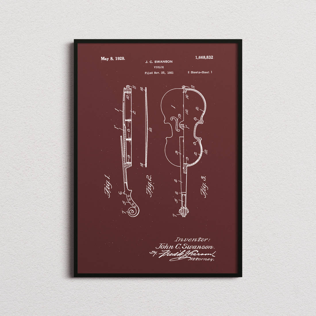 Violin Patent Print in the burgundy colourway, framed