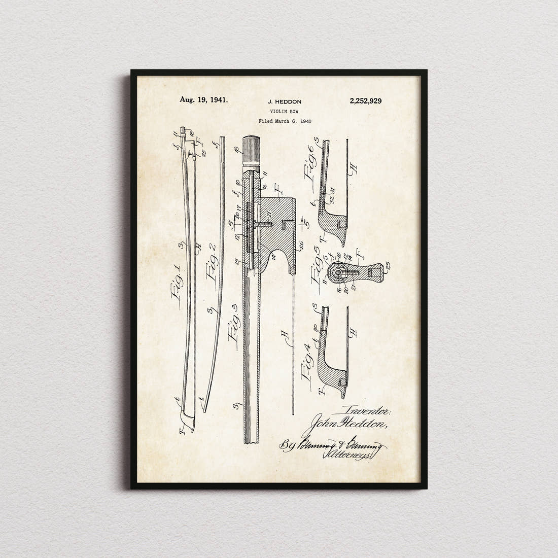 Violin Bow Patent Print in the aged paper colourway, framed