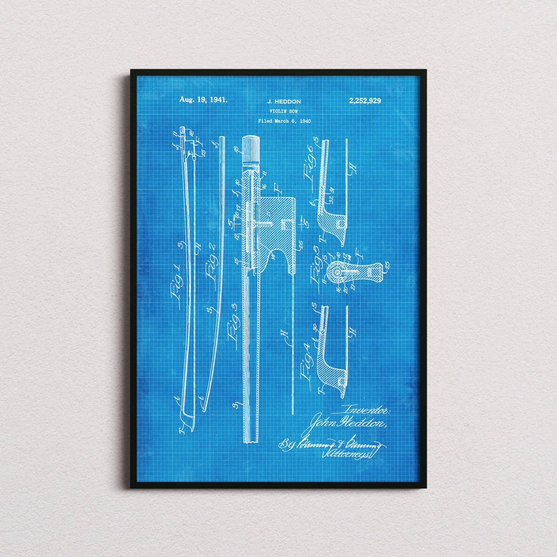 Violin Bow Patent Print in the blueprint colourway, framed