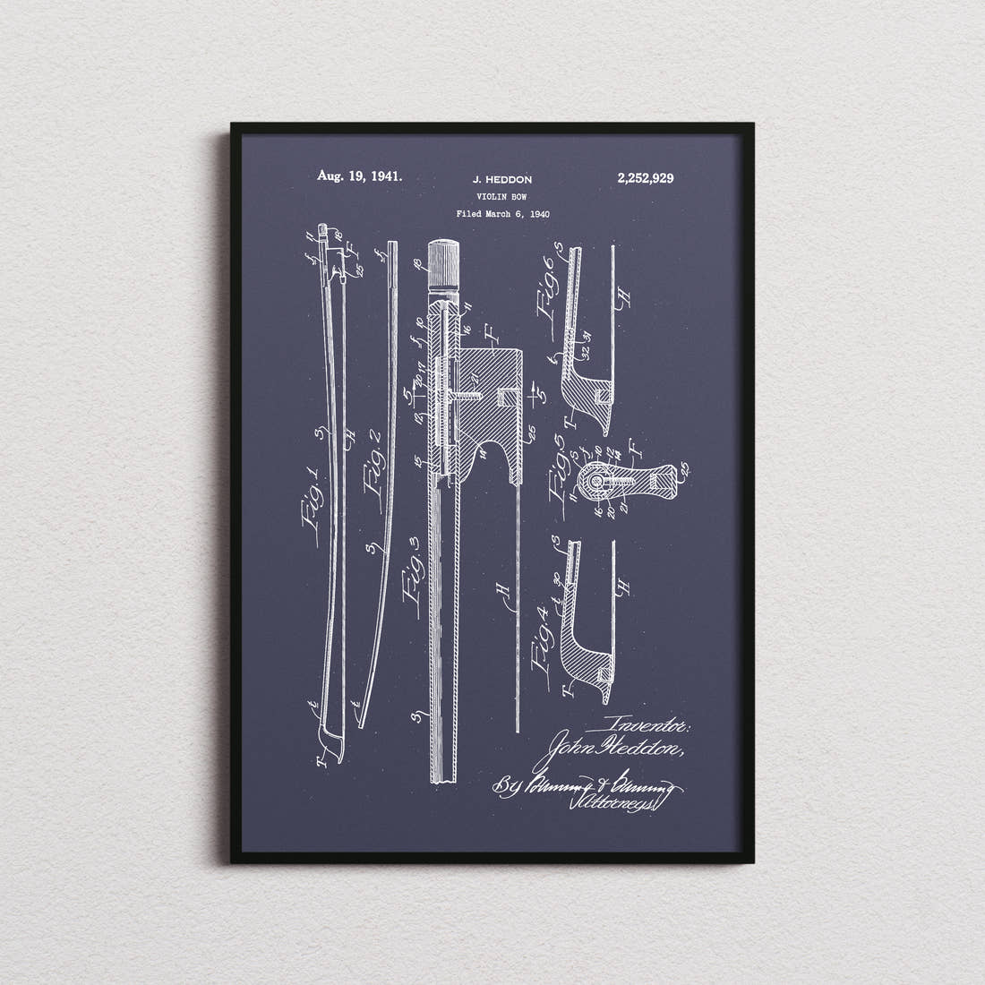 Violin Bow Patent Print in the navy colourway, framed