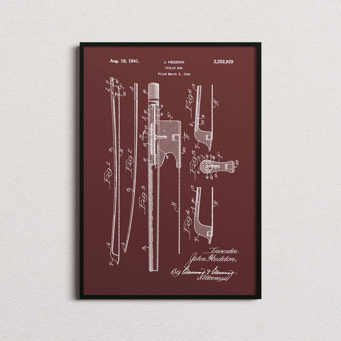 Violin Bow Patent Print in the burgundy colourway, framed