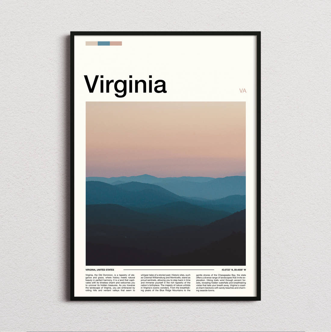 Virginia Misty Blue Ridges Travel Print framed and photographed straight on