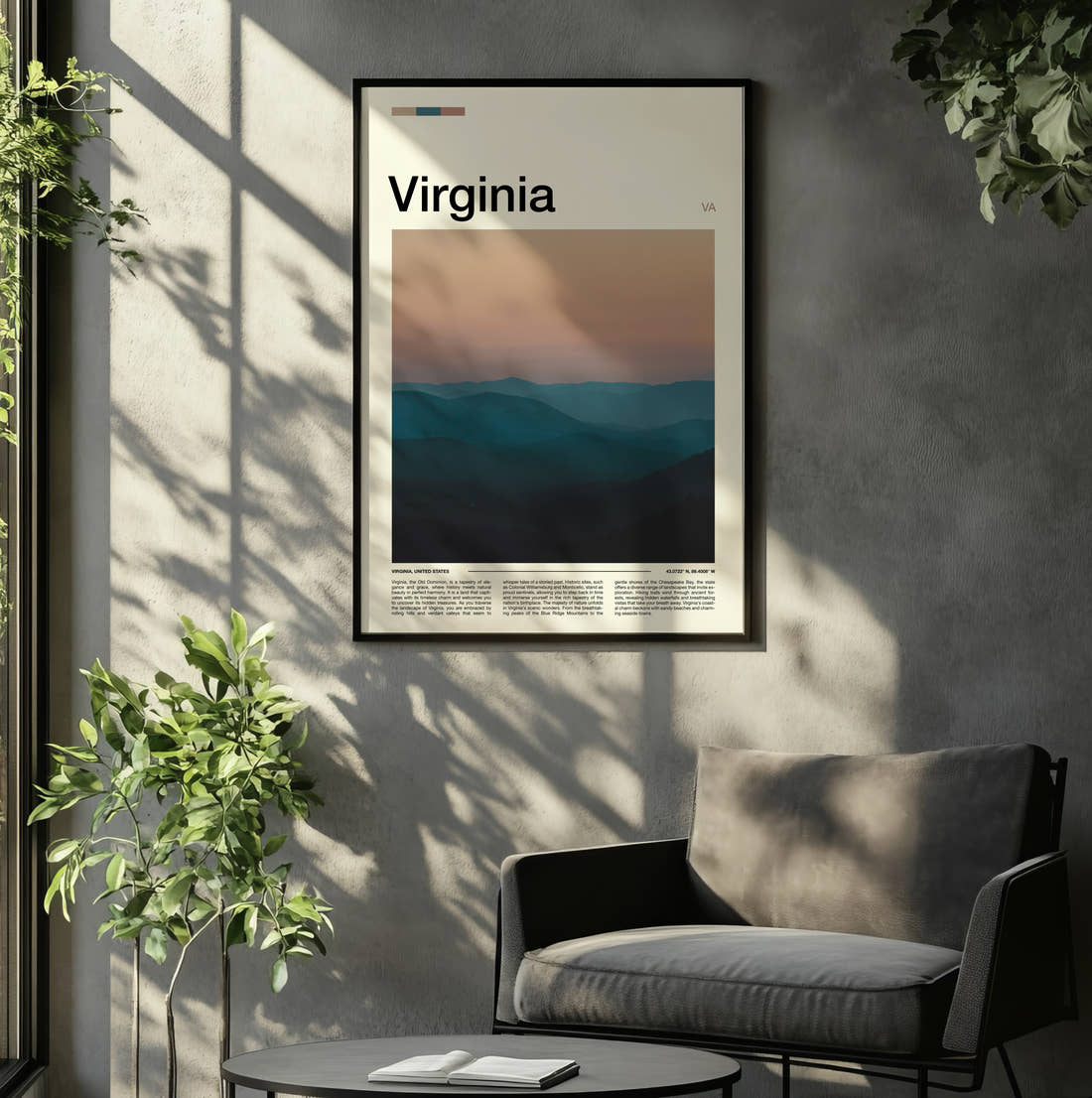 Virginia Misty Blue Ridges Travel Print framed on the wall of a relaxed living room