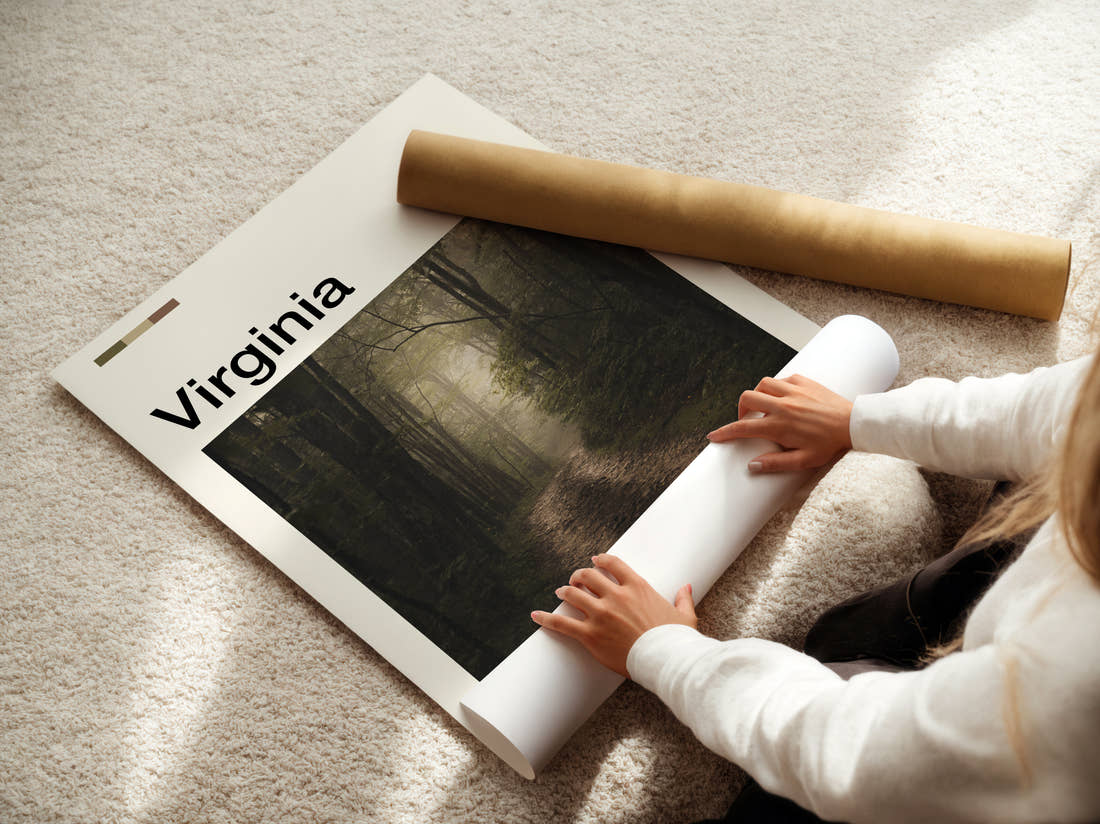 Virginia Foggy Forest Path Travel Print being unrolled from its postal tube
