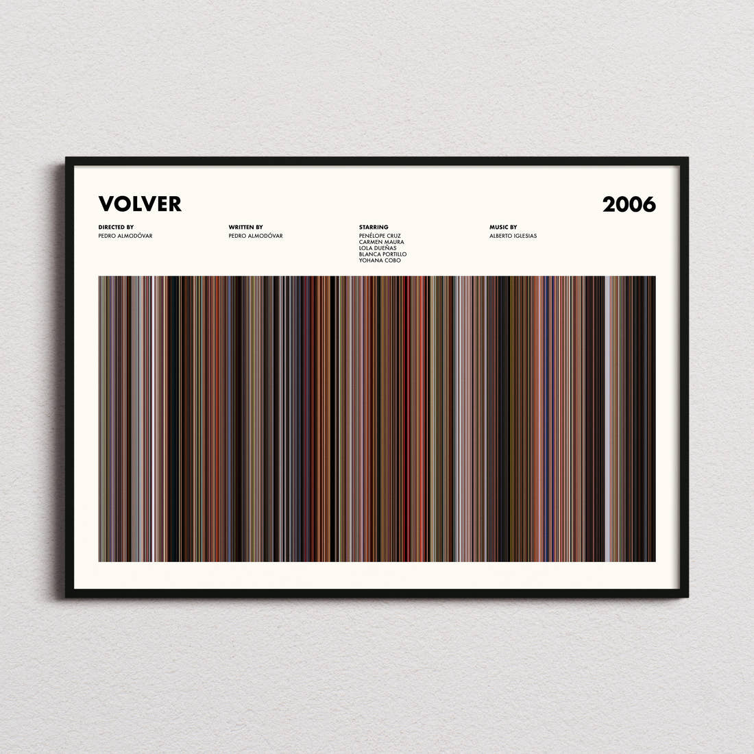 Volver Movie Barcode Poster framed and photographed straight on
