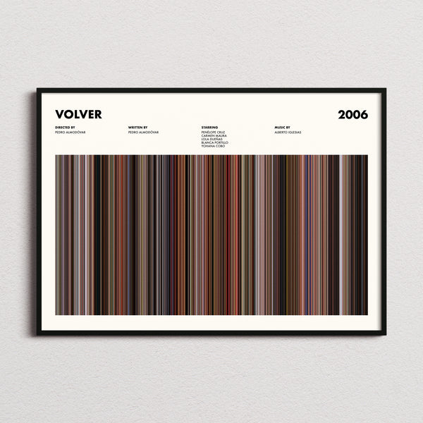 Volver Movie Barcode Poster framed and photographed straight on