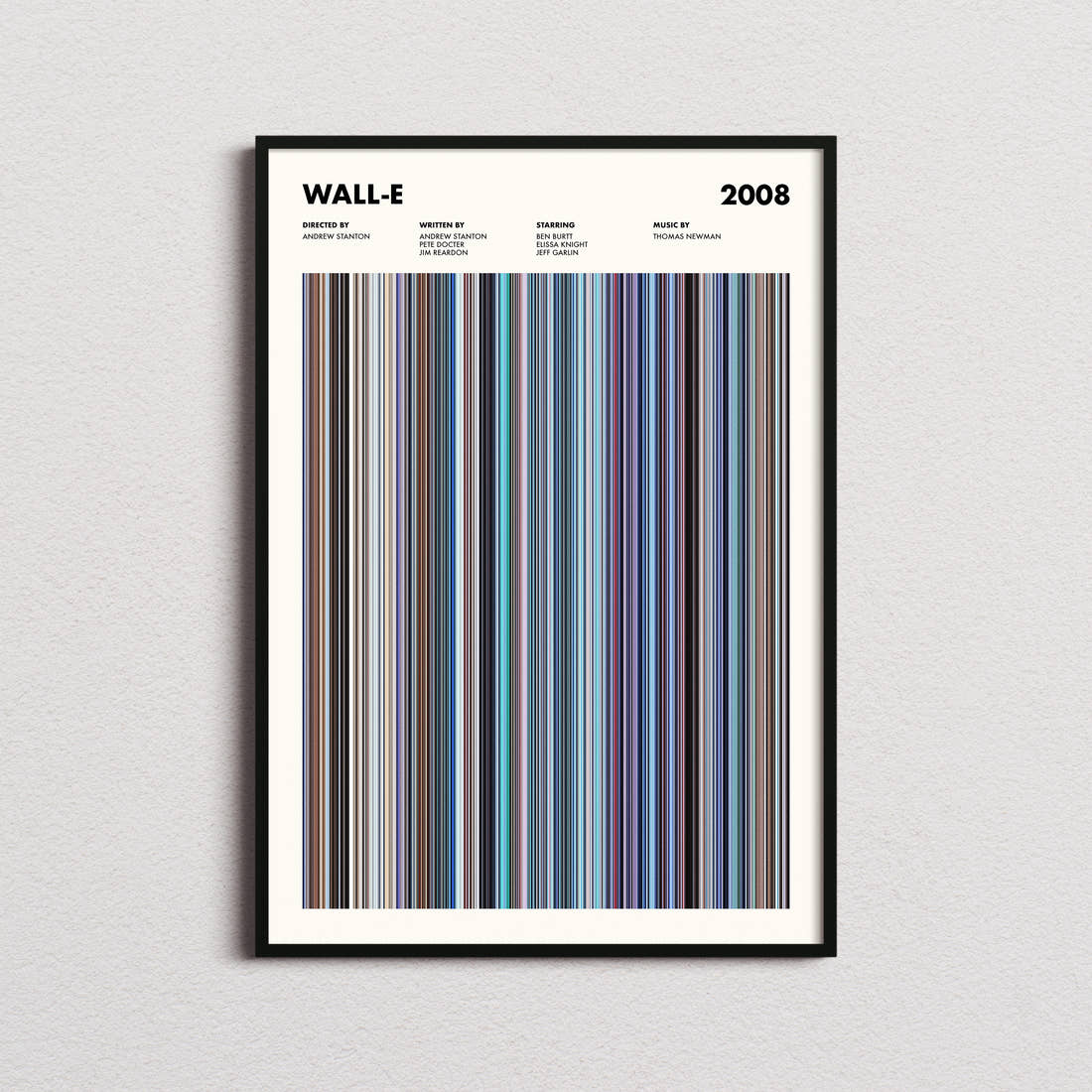 Wall-E Movie Barcode Poster framed on a plain studio wall