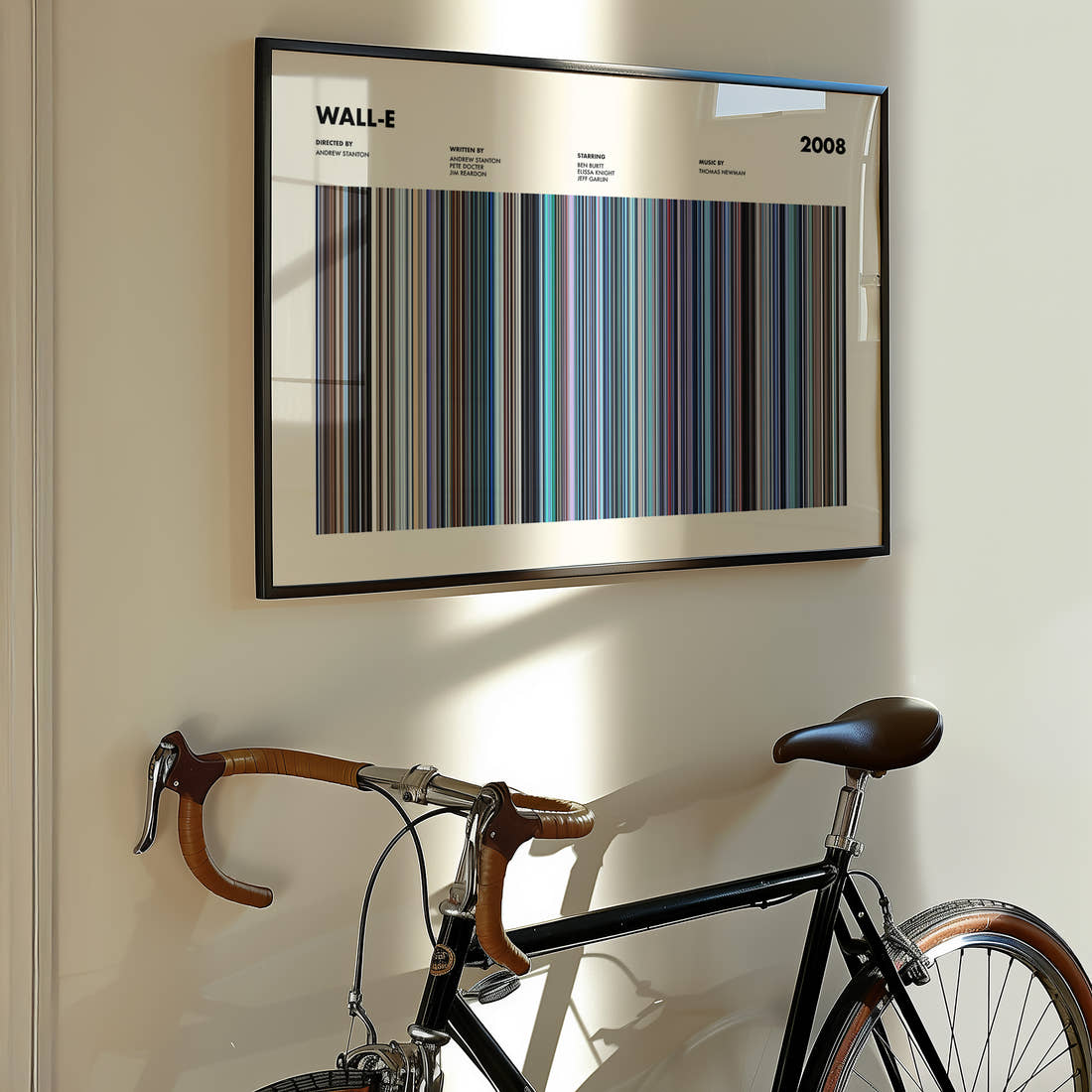 Wall-E Movie Barcode Poster framed on the wall of a styled room setting