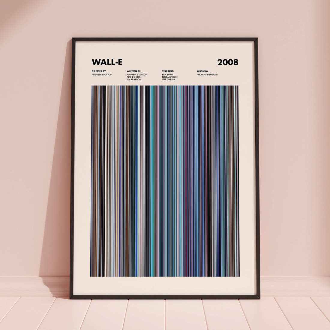 Wall-E Movie Barcode Poster framed and leaning against a coloured wall