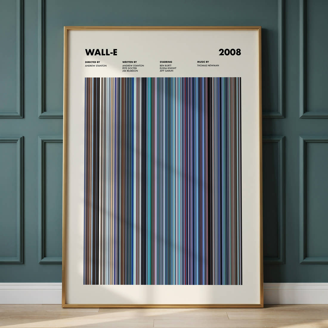 Wall-E Movie Barcode Poster framed and leaning against a panelled wall
