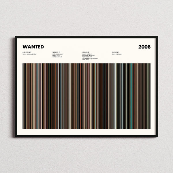 Wanted Movie Barcode Poster framed and photographed straight on