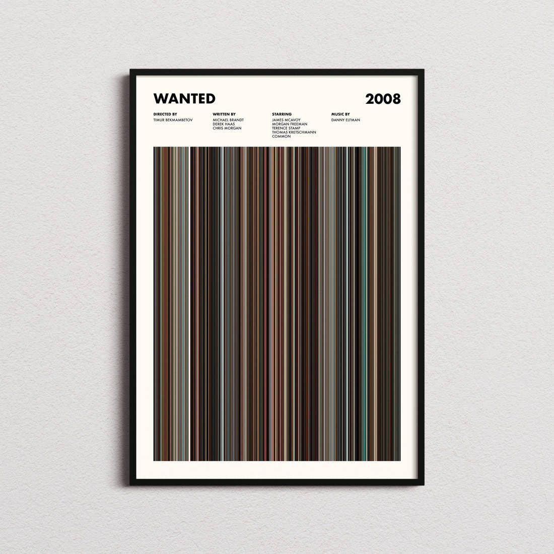 Wanted Movie Barcode Poster framed on a plain studio wall