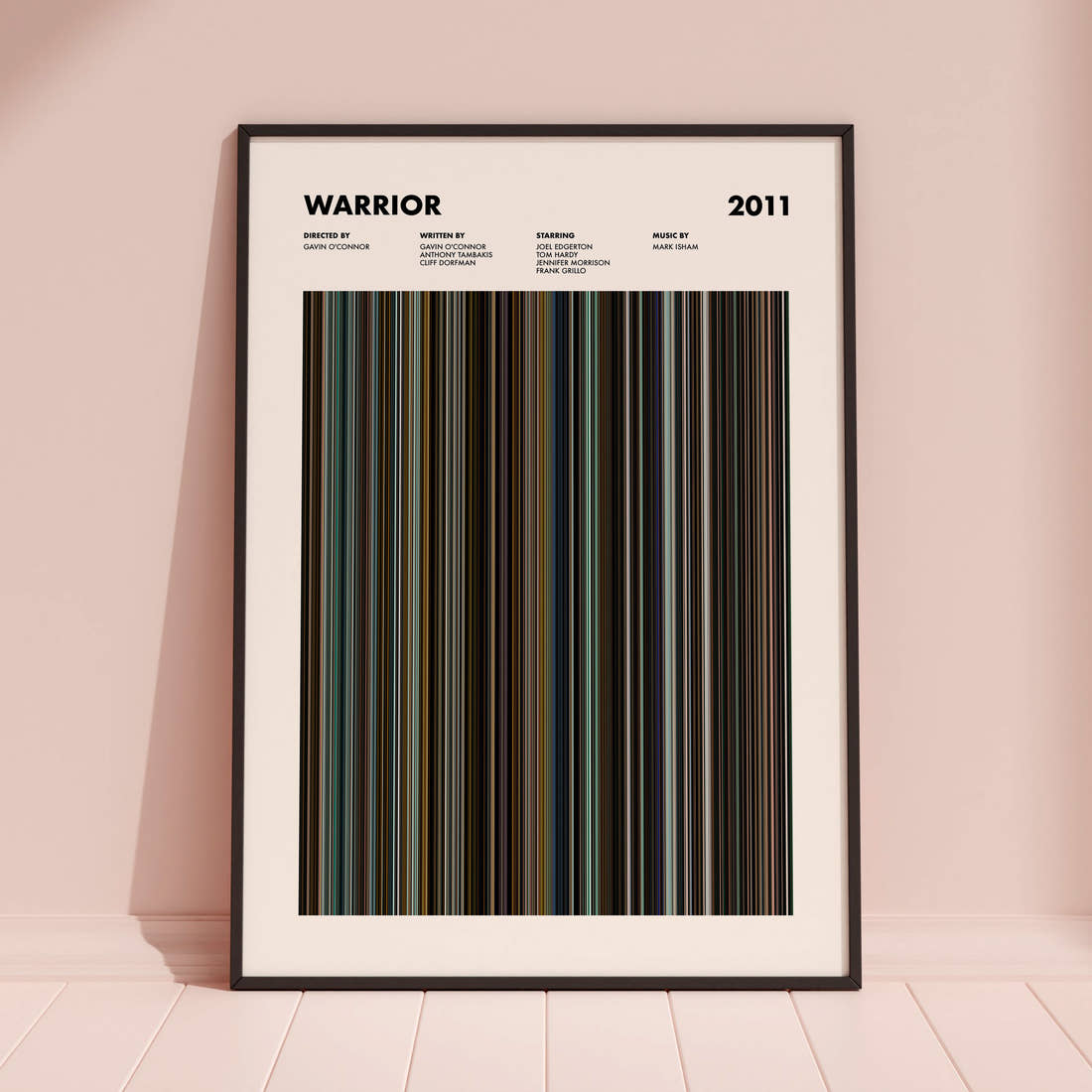 Warrior Movie Barcode Poster framed and leaning against a coloured wall