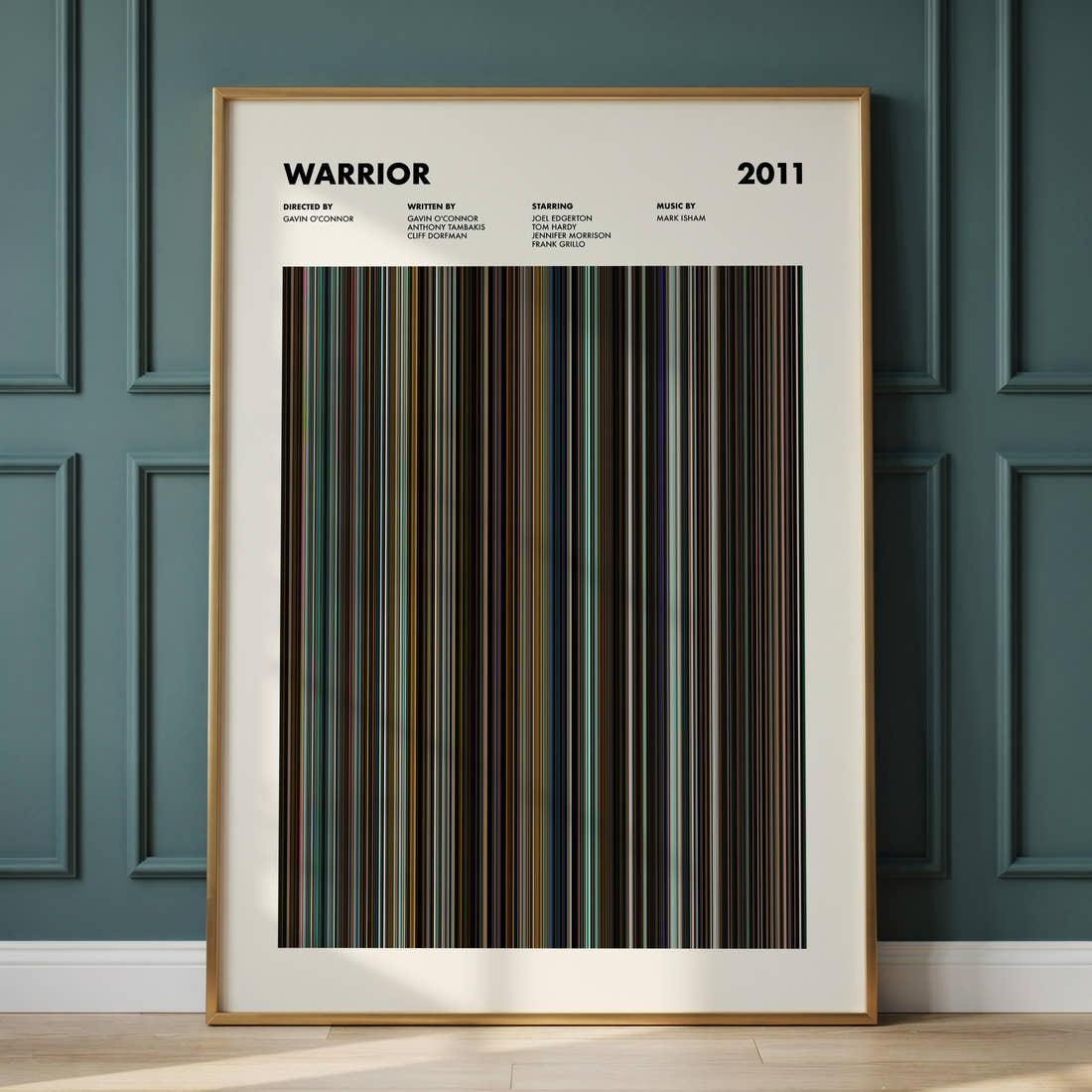 Warrior Movie Barcode Poster framed and leaning against a panelled wall