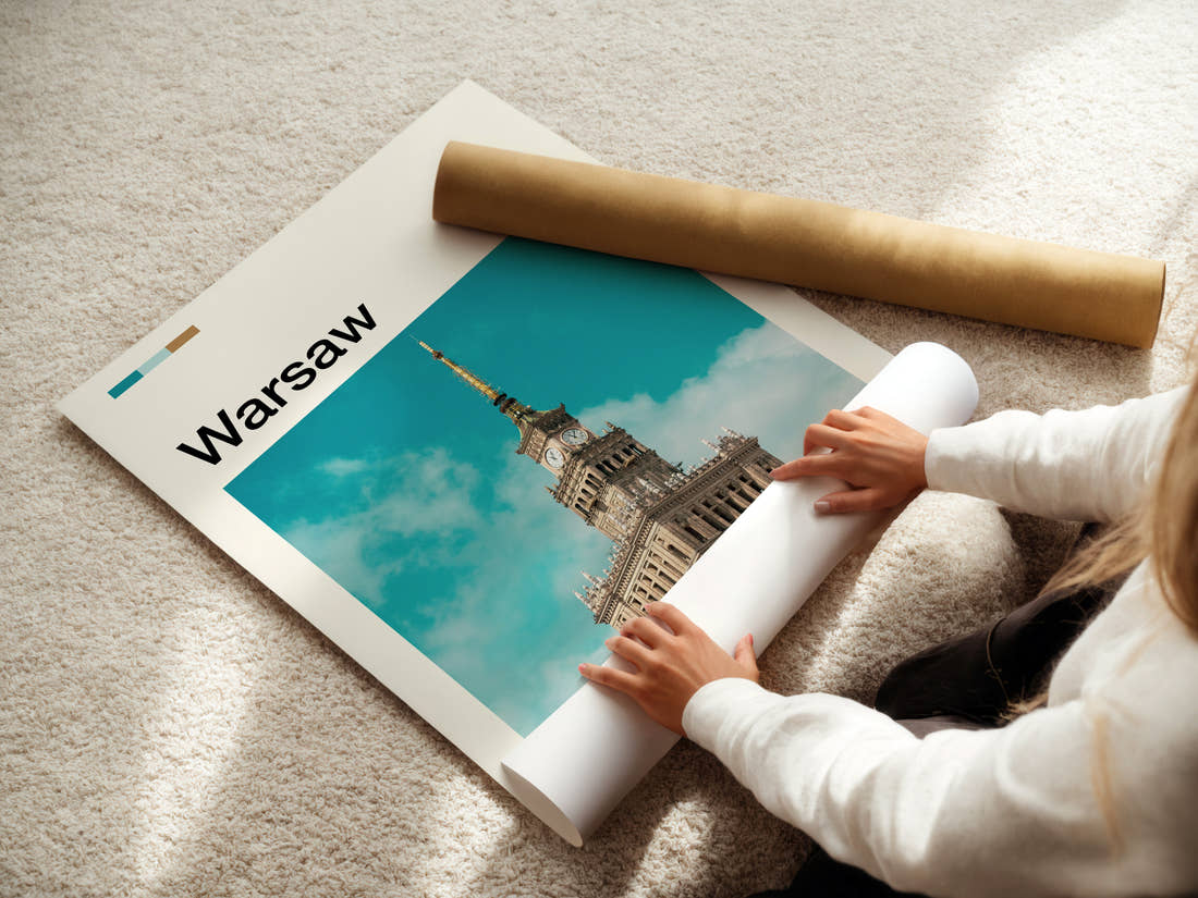 Warsaw Palace Of Culture Spire Travel Print being unrolled from its postal tube