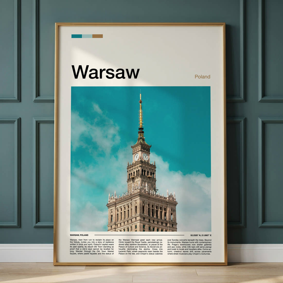 Warsaw Palace Of Culture Spire Travel Print framed on the wall of a calm, neutral bedroom
