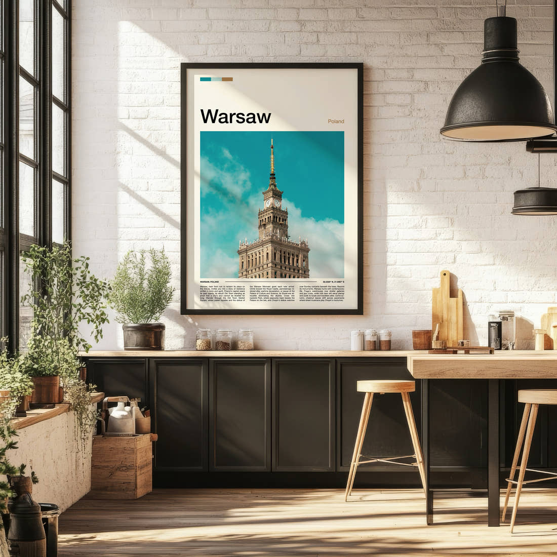 Warsaw Palace Of Culture Spire Travel Print framed on the wall of a bright kitchen and dining space