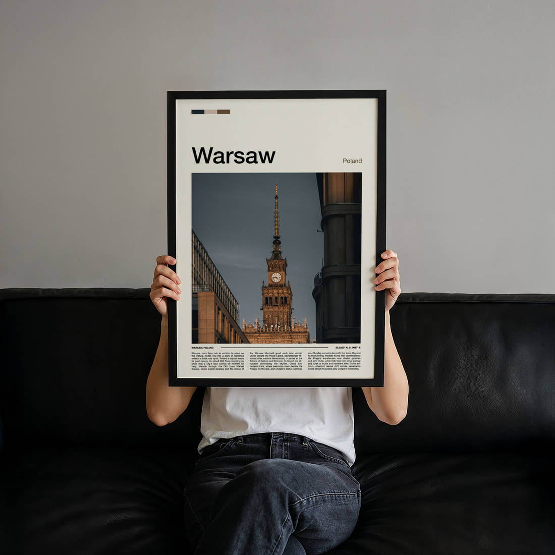 Warsaw Palace Clock Tower Travel Print held up by hand to show the size of the print