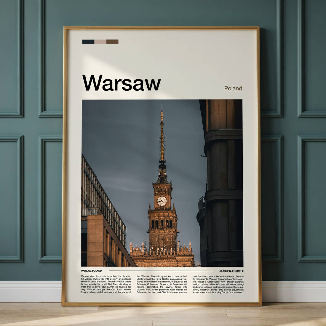 Warsaw Palace Clock Tower Travel Print framed on the wall of a calm, neutral bedroom