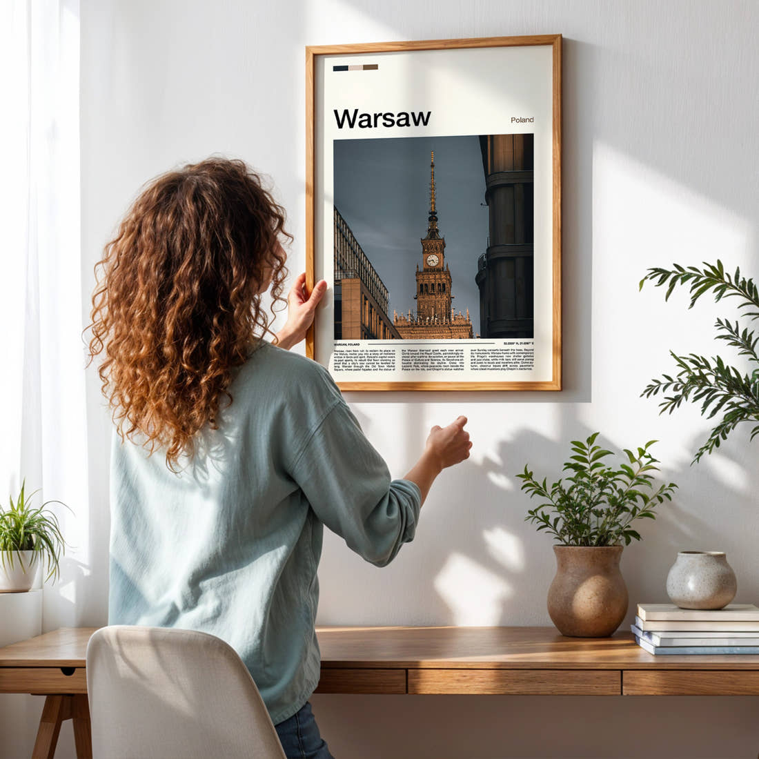 Warsaw Palace Clock Tower Travel Print framed on a pale wall beside houseplants